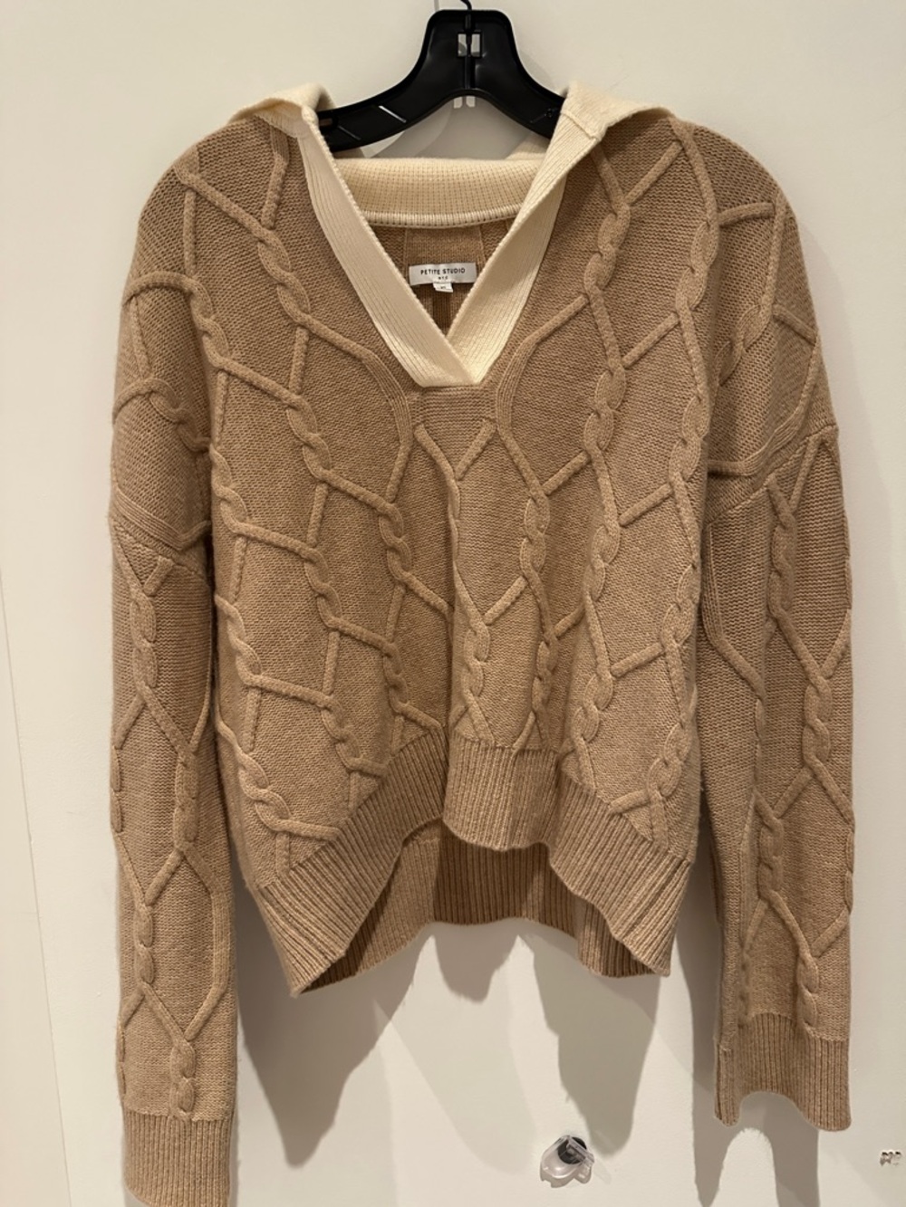 NWOT - Petite Studio Cable-Knit V-Neck Hooded Sweater in Tan and Cream